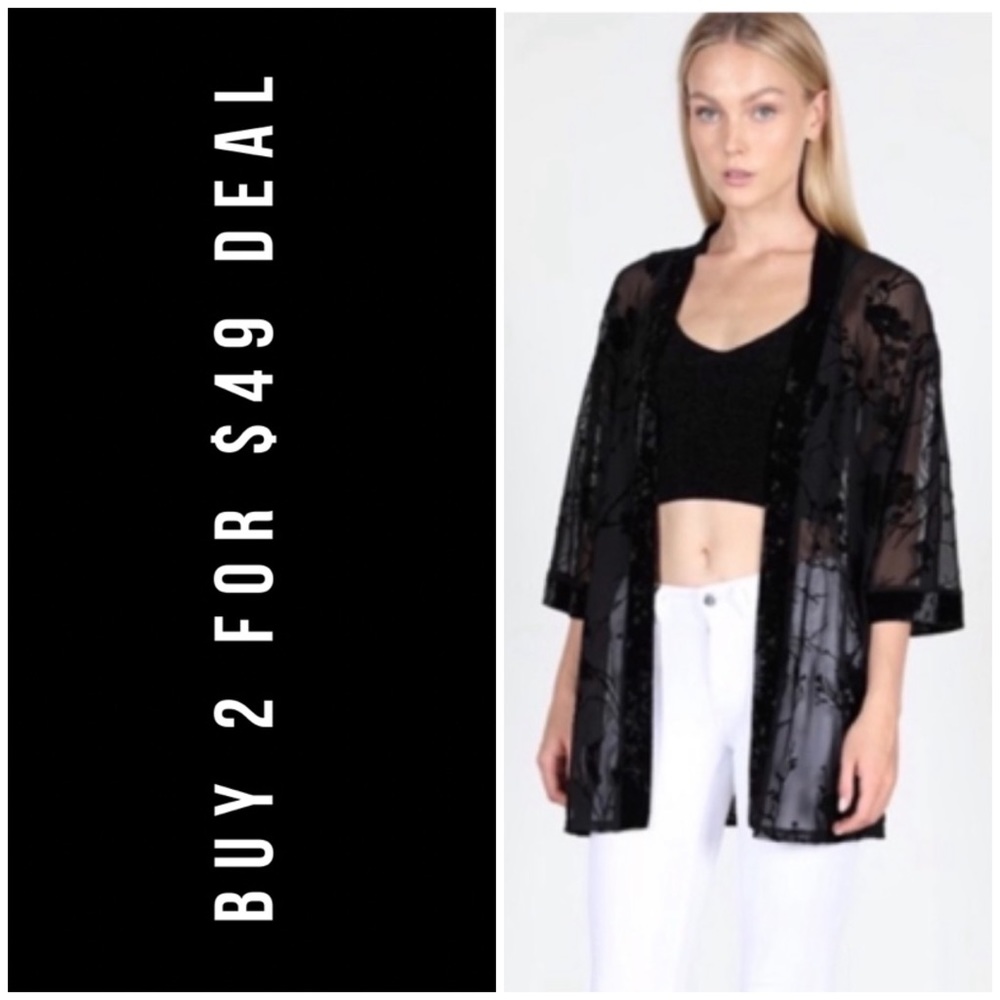 BLACK FLORAL VELVET MESH SHEER CARDIGAN